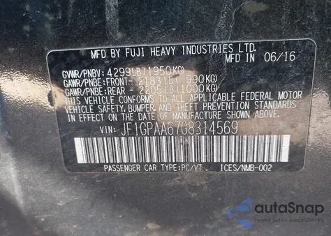 2016 Subaru Impreza 2.0I z USA, uszkodzony, nr VIN JF1GPAA67G8314569